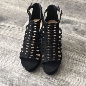 Black suede open toe wedges